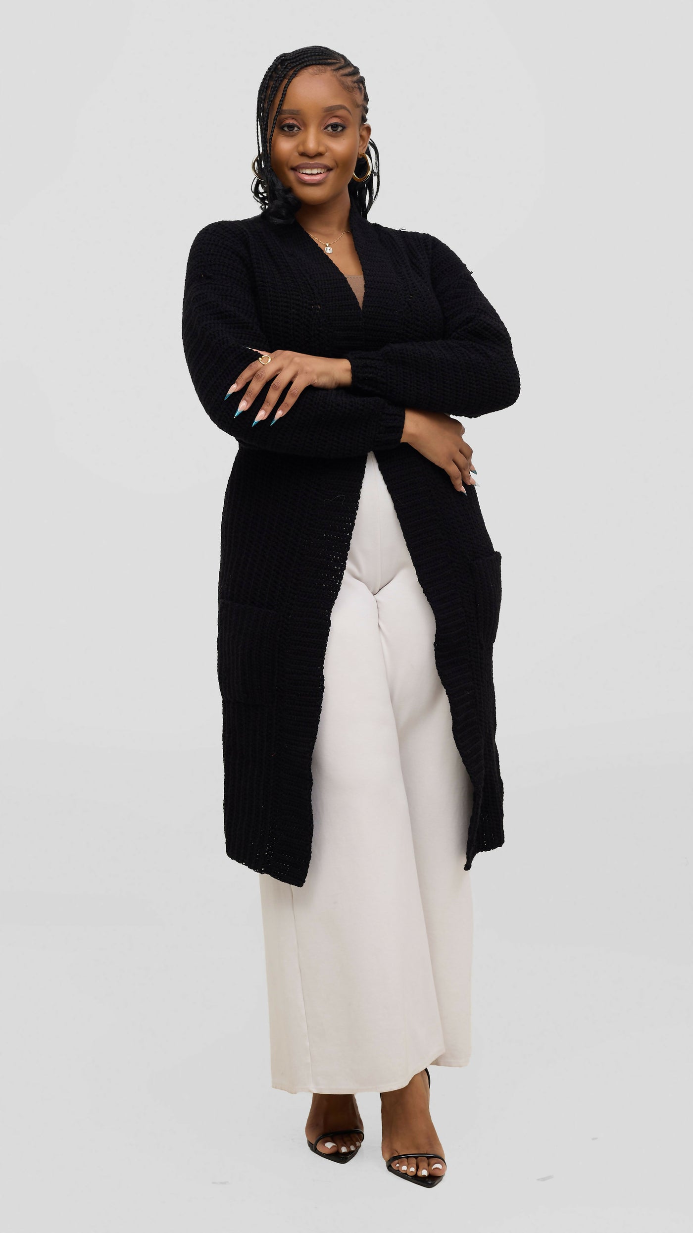 Timyt Urban Wear Curvy Plus Size Drape Crochet Sweater - Black