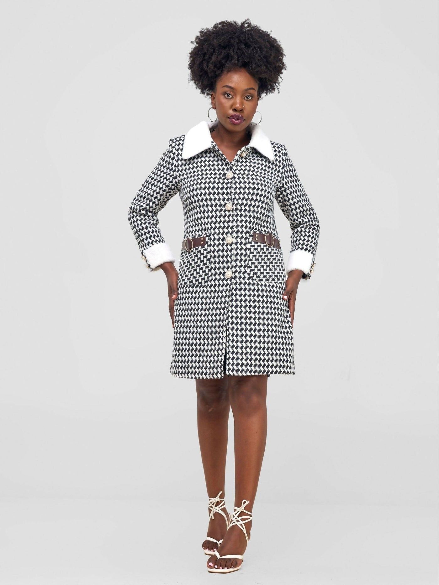 Stylish Sisters Houndstooth Trenchcoat Jacket - Black / White - Shopzetu