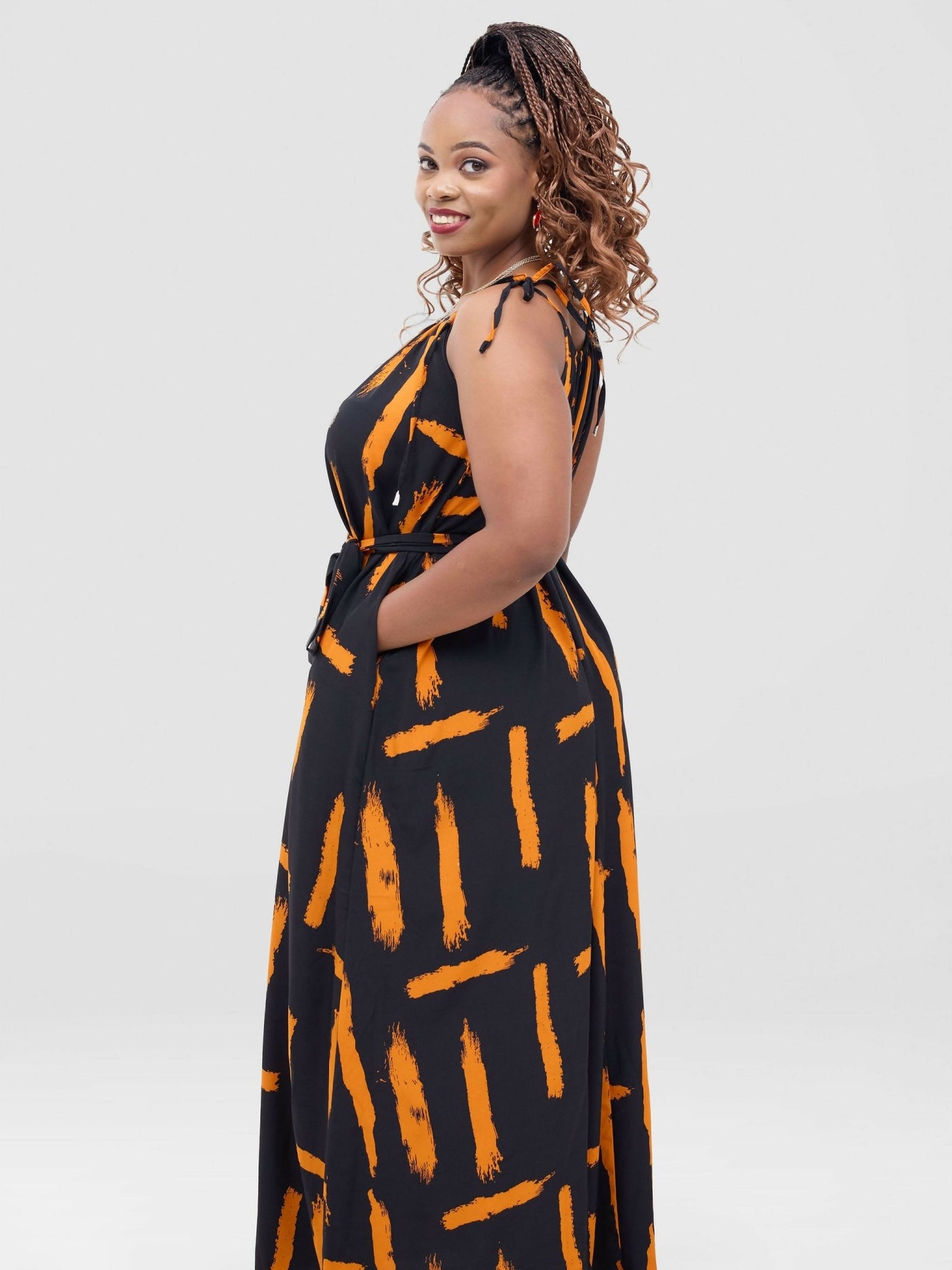 Anel's Knitwear Dress - Black / Mustard Print - Shopzetu