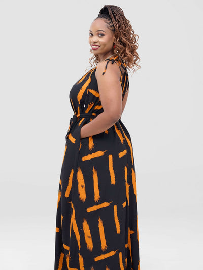 Anel's Knitwear Dress - Black / Mustard Print - Shopzetu