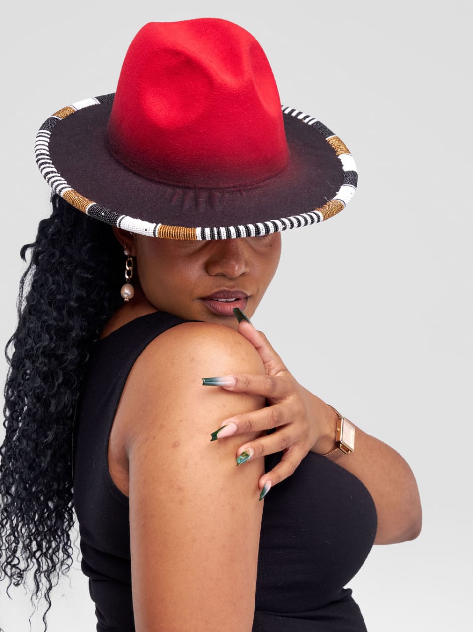 Umbo Collections Two Tone Beaded Fedora Hat - Red