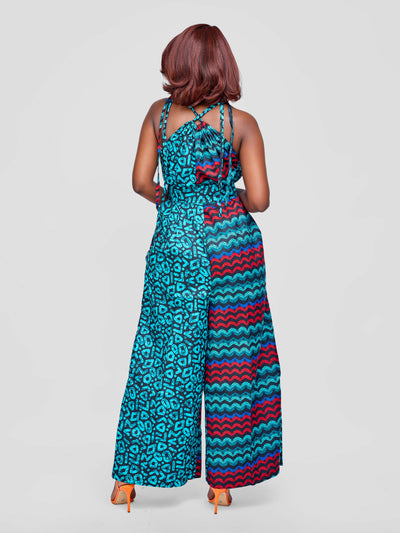 Tuli Zenani Ankara Jumpsuit - Aqua Blue / Red