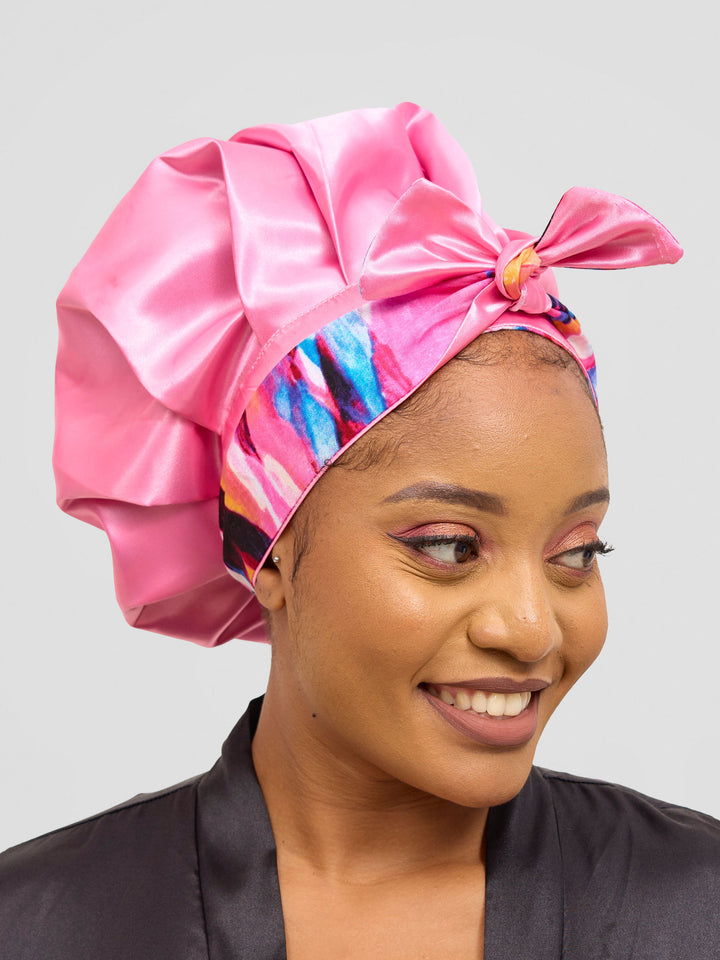 Satin Revolution Satin-Lined Ankara Tie Bonnet – Pink Print