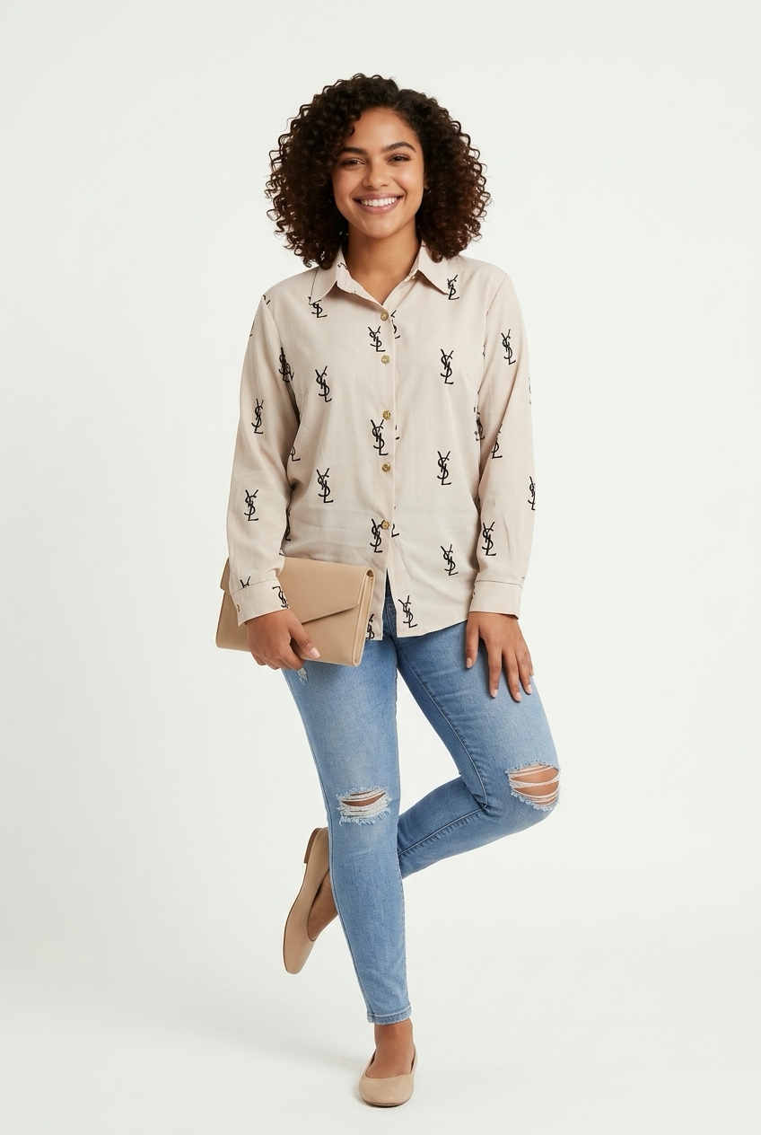 Stylish Sisters Printed Long-Sleeve Button-Down Shirt - Beige