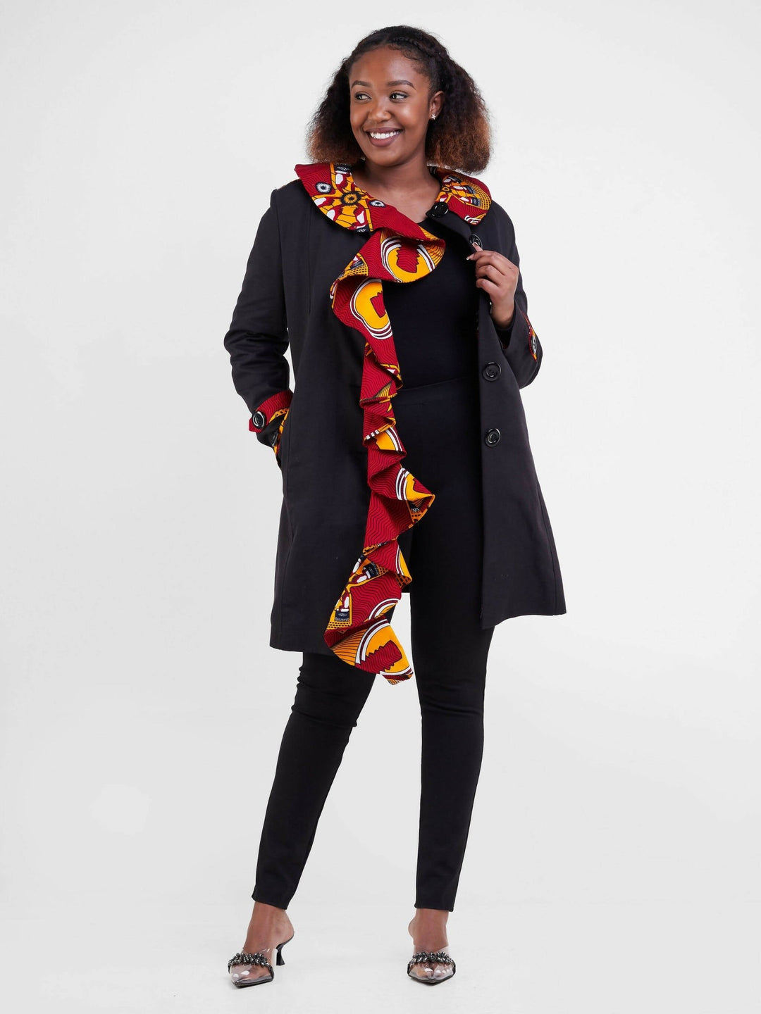 Liliadly Red flower Ankara Print Trench Coat - Black - Shopzetu
