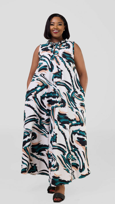 Liliadly Becky Pussy Bow Dress - White / Green