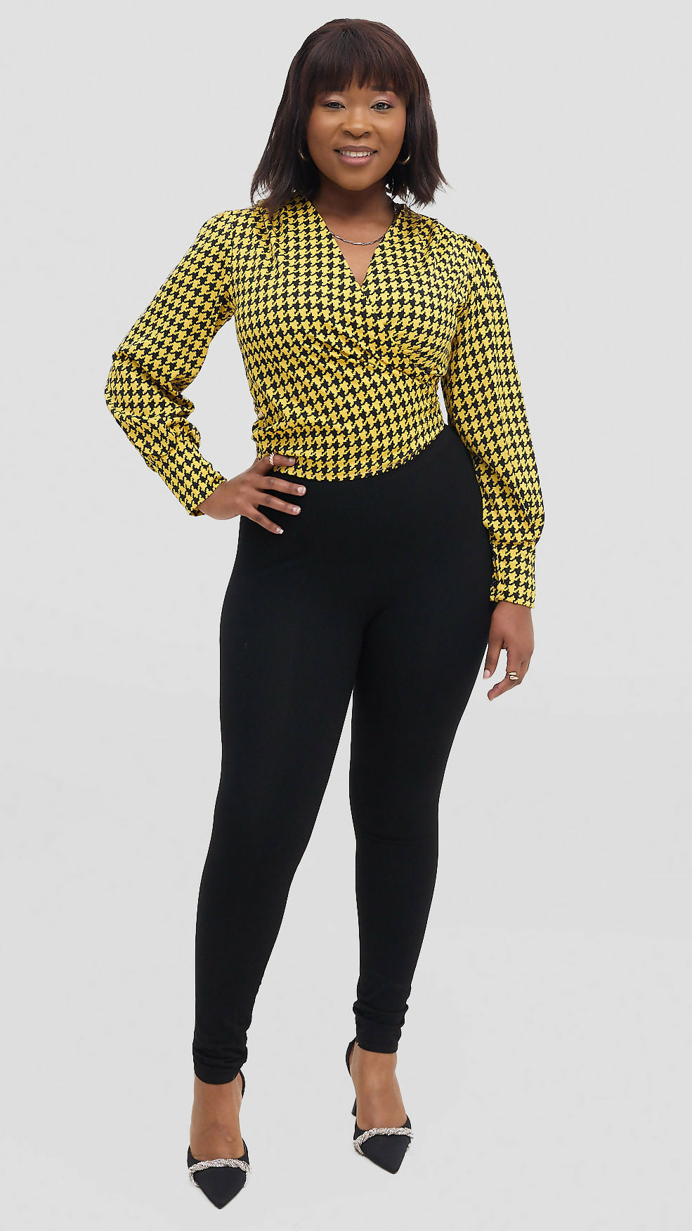 Stylish Sisters Curvy Plus Size Official Smart Casual Wrap Top - Yellow / Black
