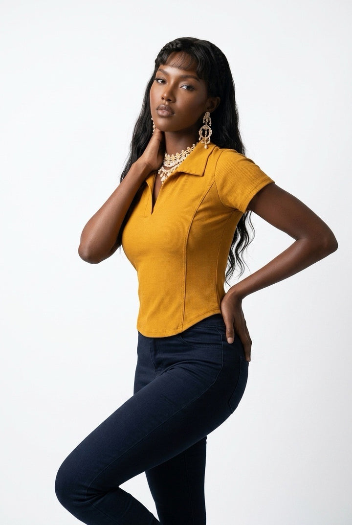 Stylish Sisters Corset-Style Curved Hem Polo Top - Mustard Yellow