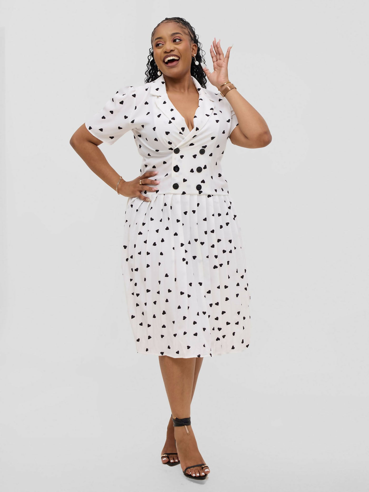 Hessed Short Sleeved Pleated Buttoned Wrap Dress - White / Black - Shopzetu