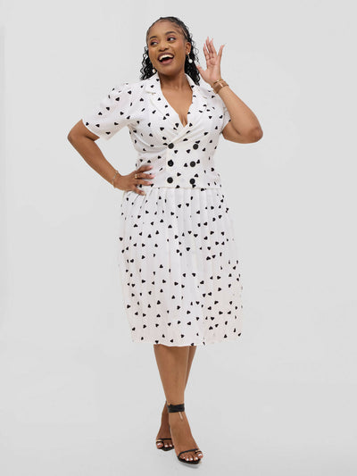 Hessed Short Sleeved Pleated Buttoned Wrap Dress - White / Black - Shopzetu