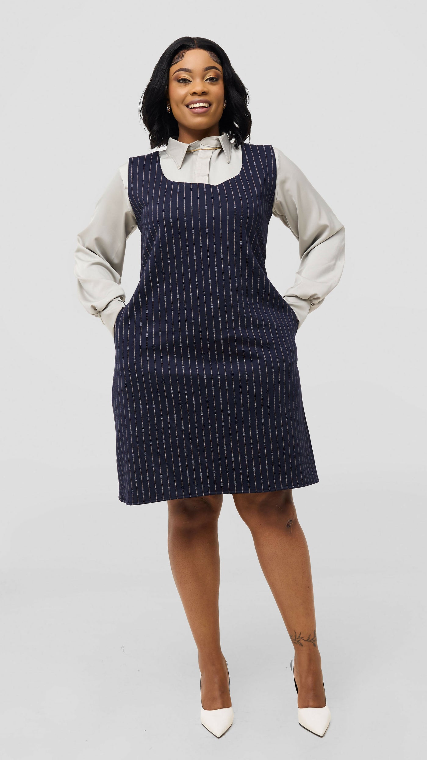 Silk House Collection Curvy Plus Size Amara Dress - Navy Blue Pinstripe