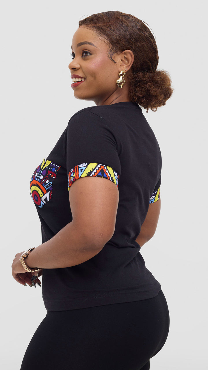 Princess Affair Tshirt with Ankara Pocket Detail - Black