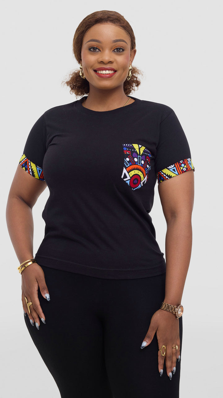 Princess Affair Tshirt with Ankara Pocket Detail - Black