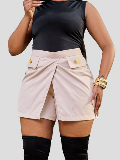 Plainchic Curvy Plus Size Gold Button Tailored Skort - Nude