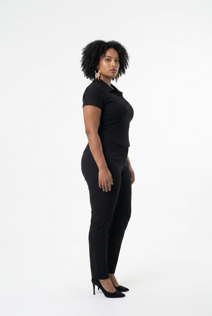 Stylish Sisters Corset-Style Curved Hem Polo Top - Black