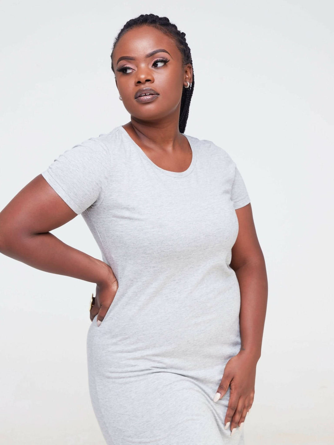 Hessed Sleeved Midi Plain Dress - Shopzetu