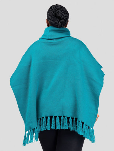 Vivo Turtleneck Knit Fringe Poncho - Teal - Shopzetu