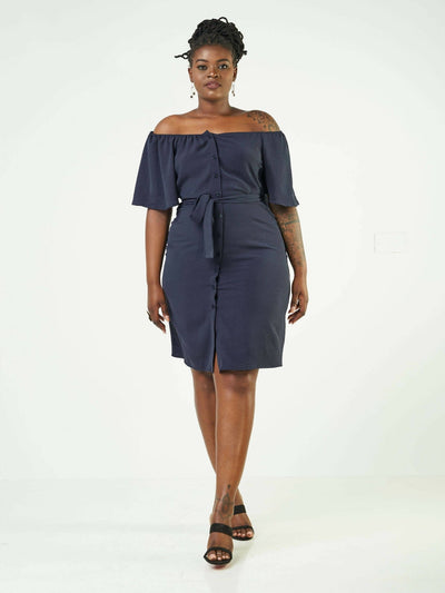 Phyls Collections Leo Off Shoulder Navy Blue Knee Length Dress - Blue - Shopzetu
