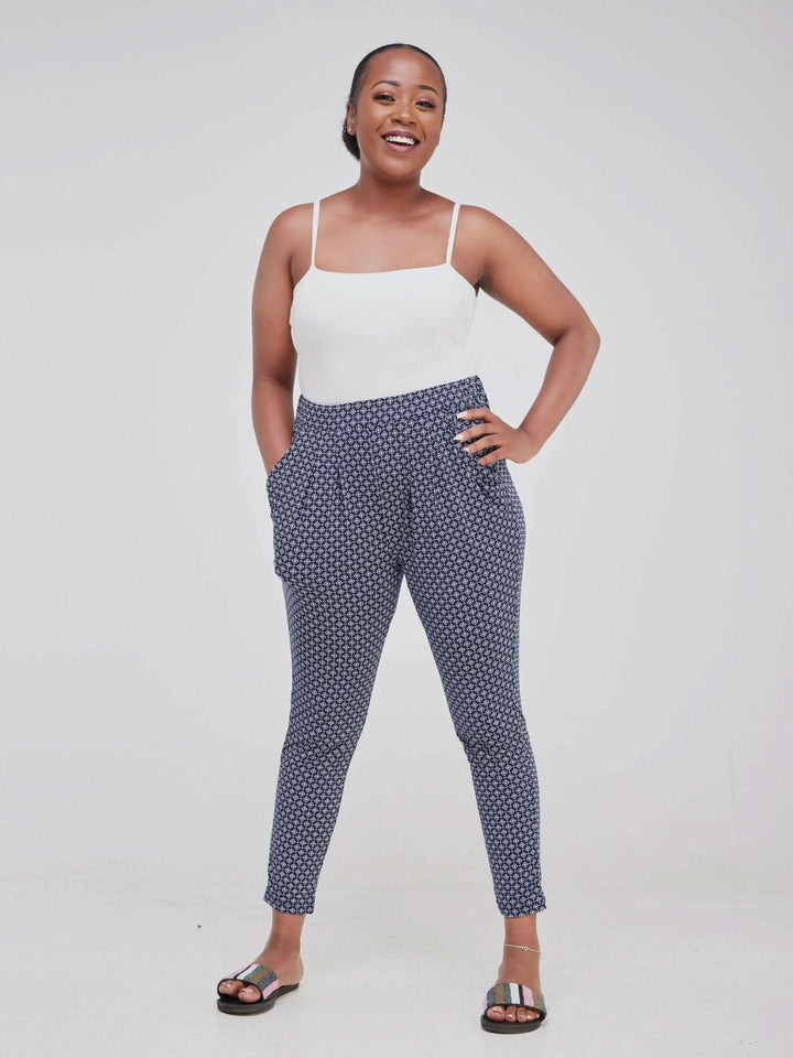 Hessed Flowered Pants - Navy Blue - Shopzetu