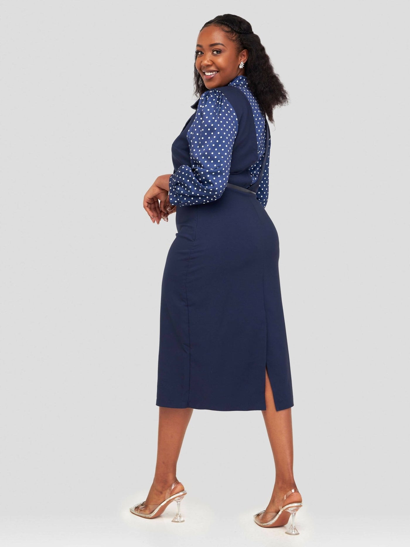 The Fashion Frenzy Belted Polka Dress - Navy - Shopzetu