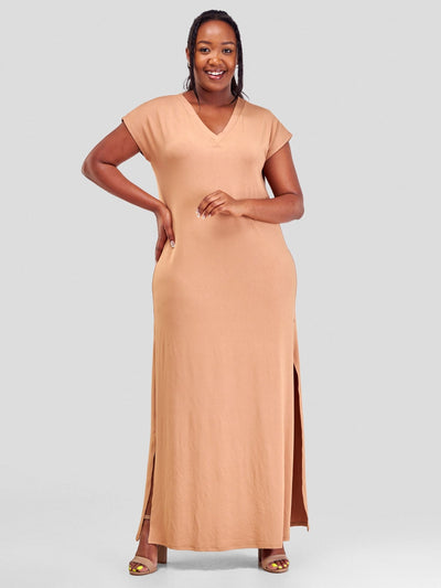 Vivo Amara V-Neck Maxi Dress - Tan - Shopzetu