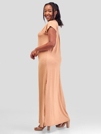 Vivo Amara V-Neck Maxi Dress - Tan - Shopzetu