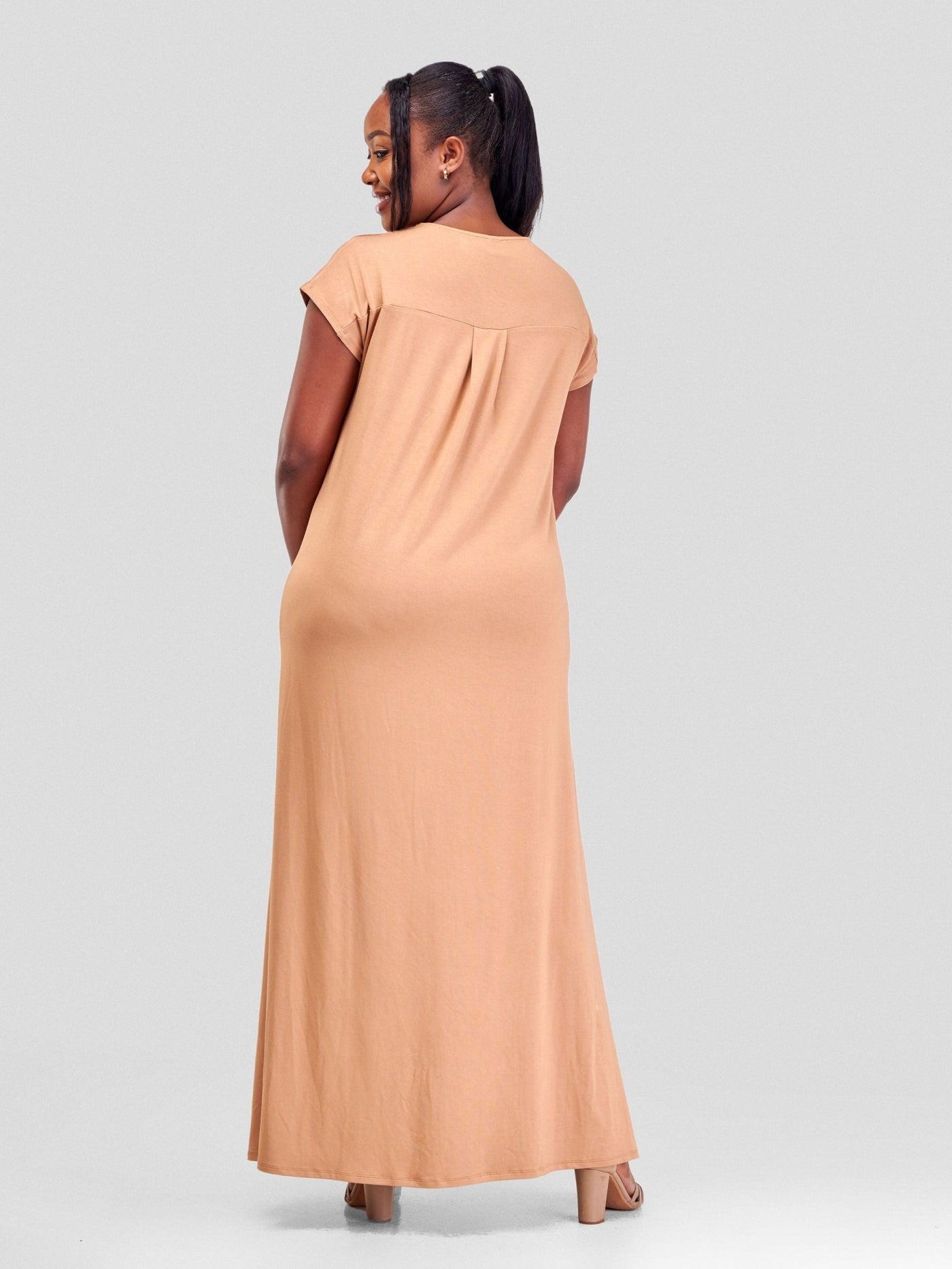 Vivo Amara V-Neck Maxi Dress - Tan - Shopzetu