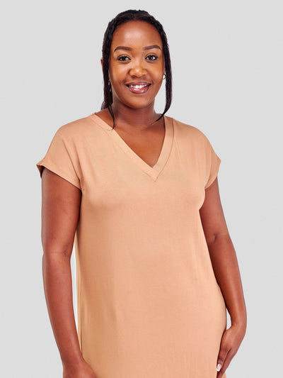 Vivo Amara V-Neck Maxi Dress - Tan - Shopzetu