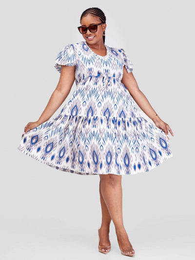 Phyls Collections Miami Knee Length Dress - White / Sky Blue Print - Shopzetu