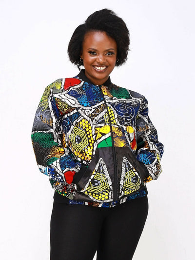Ancestral House Nef African Print Bomber - Green / Blue Print - Shopzetu