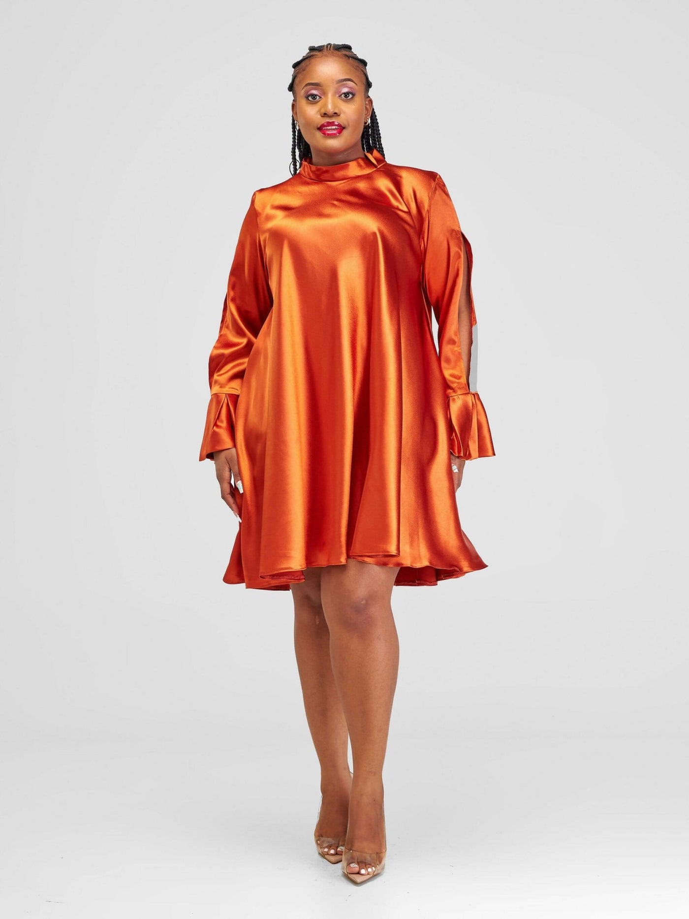 Jolly Fancy Wear Silky Shift Dress - Rust Brown - Shopzetu