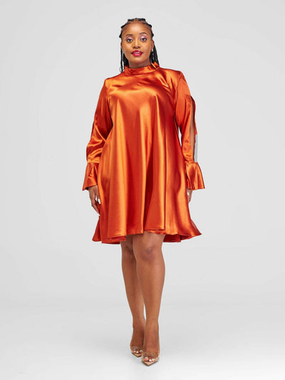 Jolly Fancy Wear Silky Shift Dress - Rust Brown - Shopzetu