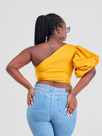 Chic Clique One Hand Ruffle Sleeve Top - Mustard - Shopzetu