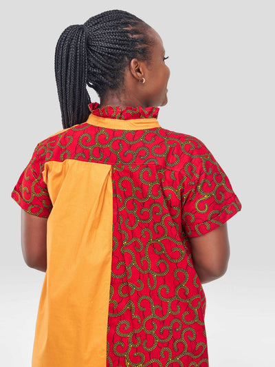 Vazi Afriq Cotton Ankara Shirt Dress - Red / Brown - Shopzetu