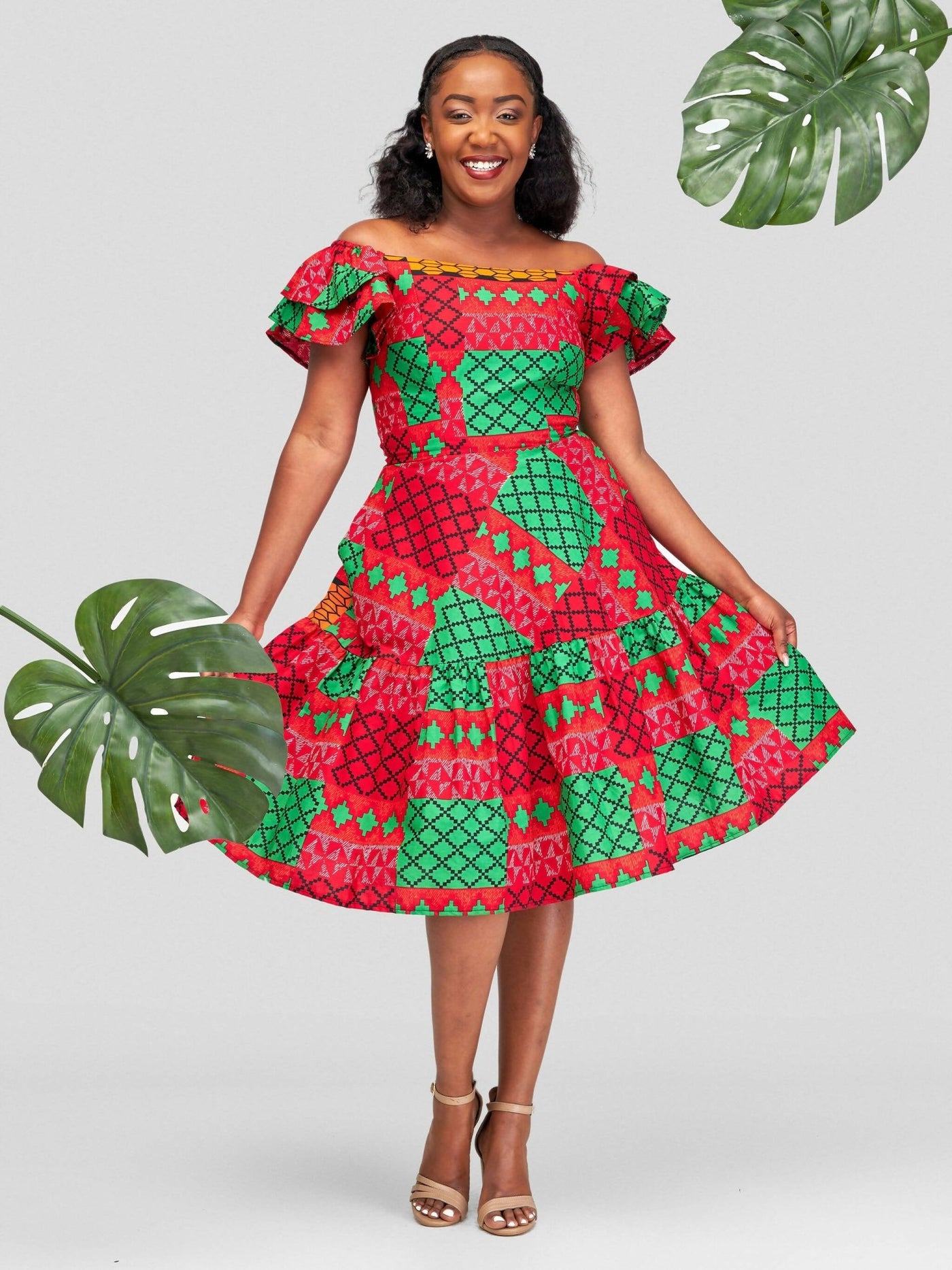 GravioFashion Tryna Skater Dress - Red / Green - Shopzetu
