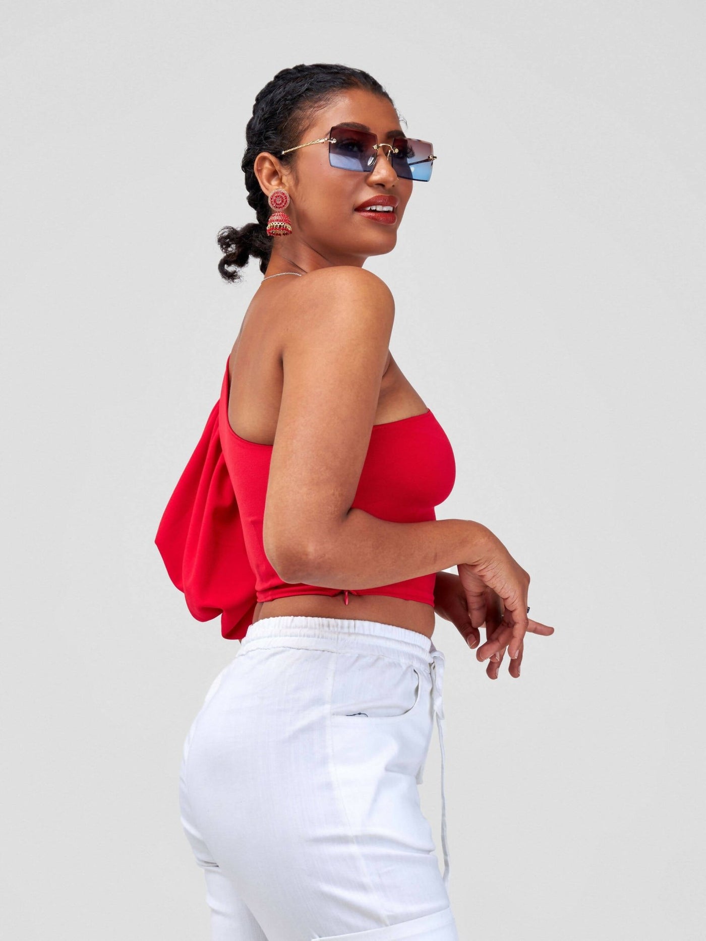 Chic Clique One Hand Ruffle Sleeve Top - Red - Shopzetu