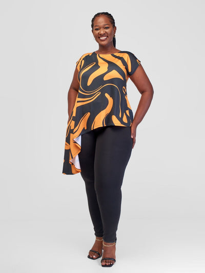 Vivo Amara Asymmetric Top - Black / Mustard Sanna Print - Shopzetu