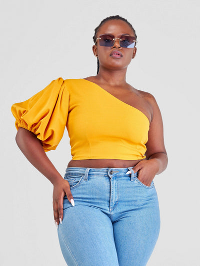 Chic Clique One Hand Ruffle Sleeve Top - Mustard - Shopzetu
