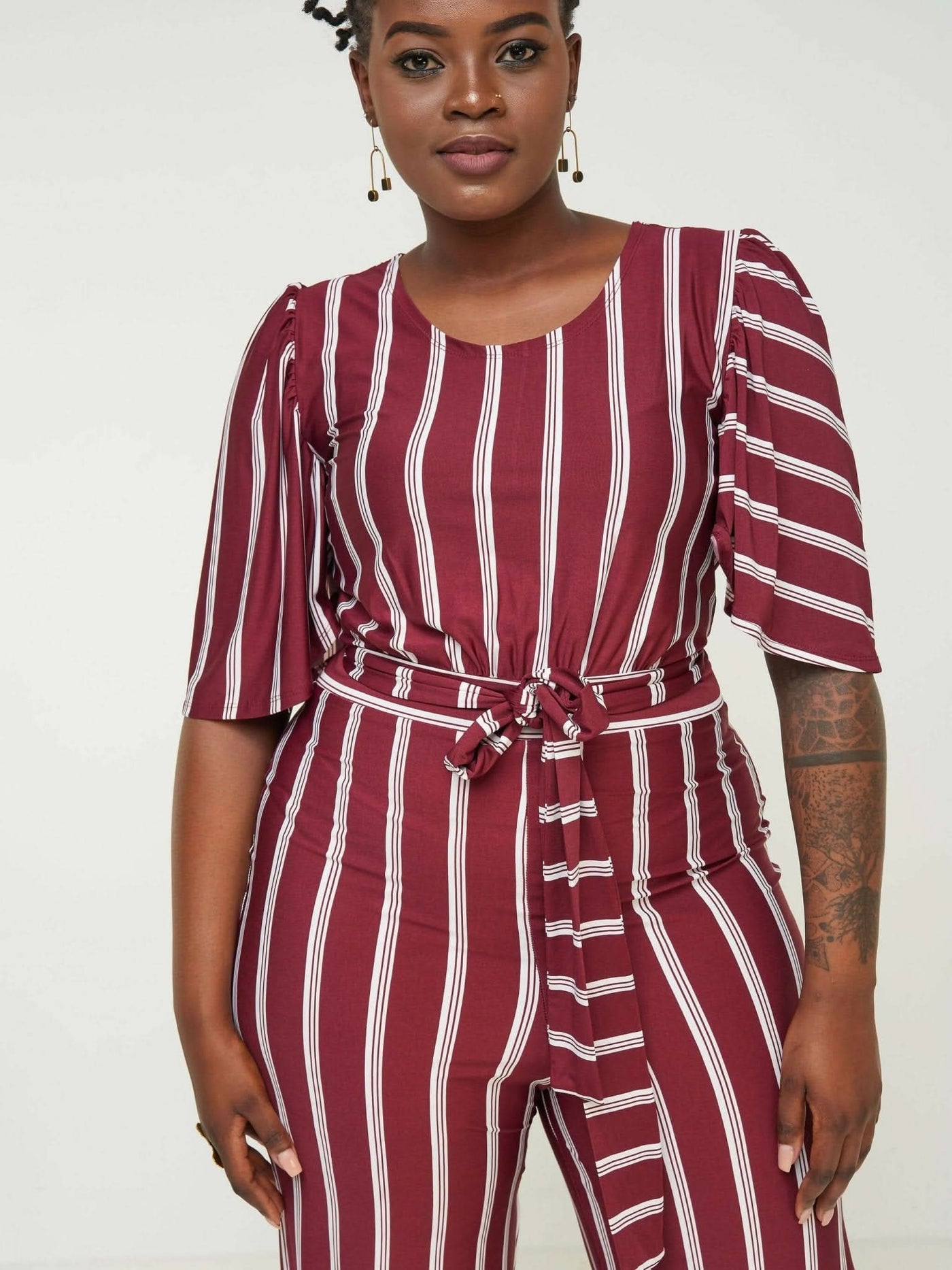 Phyls Collections Tunis Jumpsuit Marron Striped - Maroon - Shopzetu