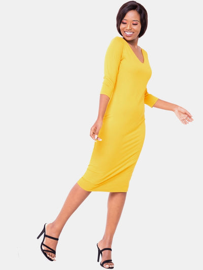Vivo Basic 3/4 Sleeve Double Layered Bodycon Dress - Mustard - Shopzetu