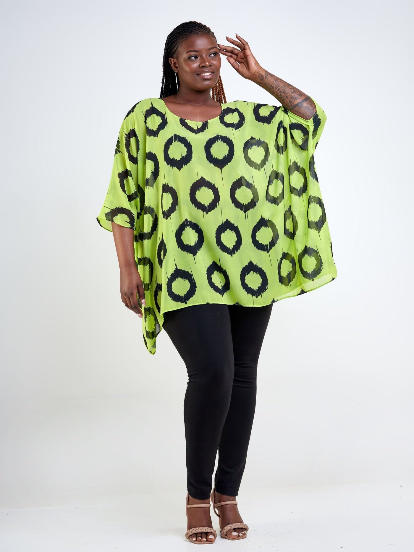 Vivo Basic Liv Chiffon Top - Lime Green / Black Abstract Print - Shopzetu