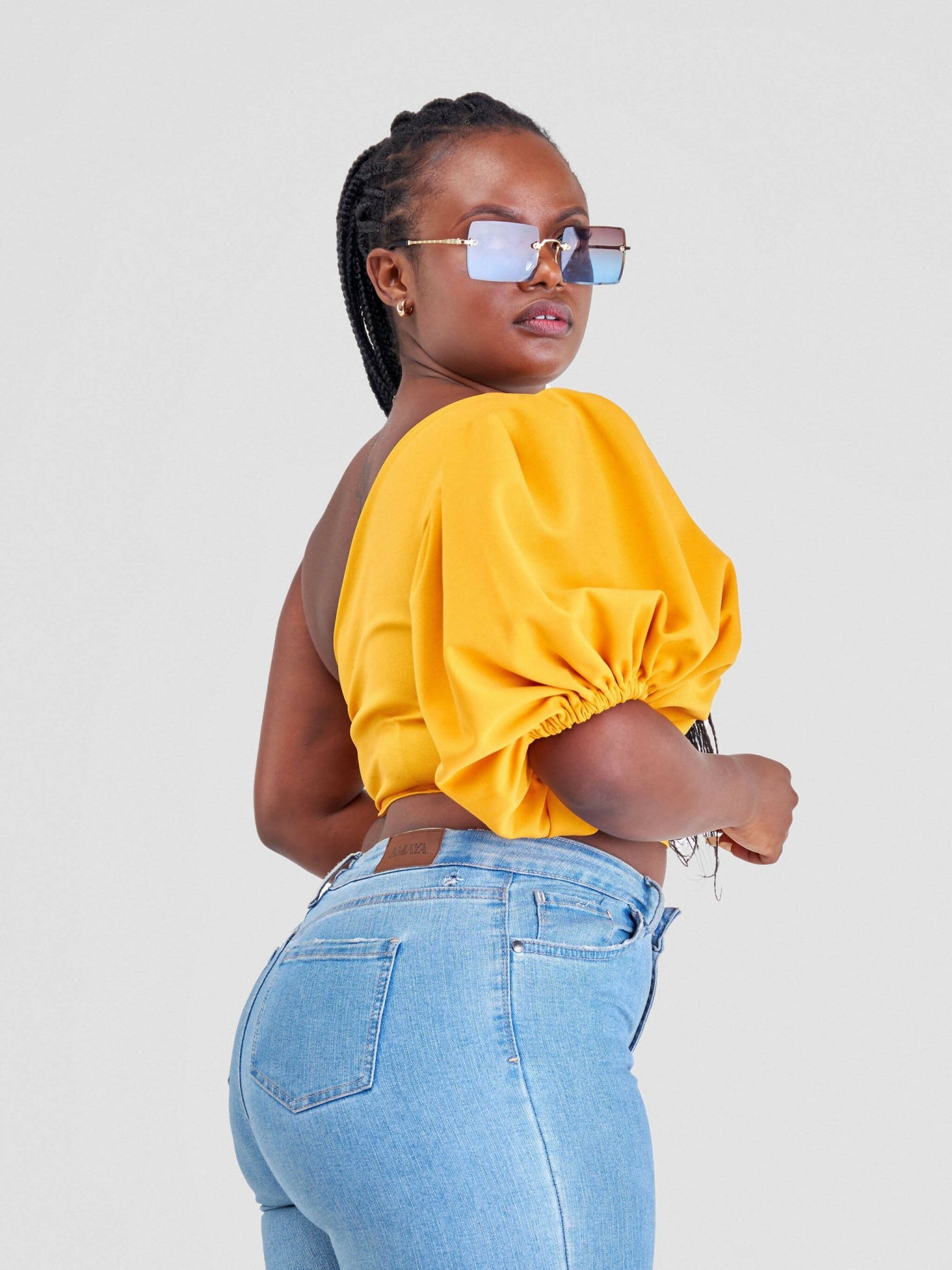 Chic Clique One Hand Ruffle Sleeve Top - Mustard - Shopzetu