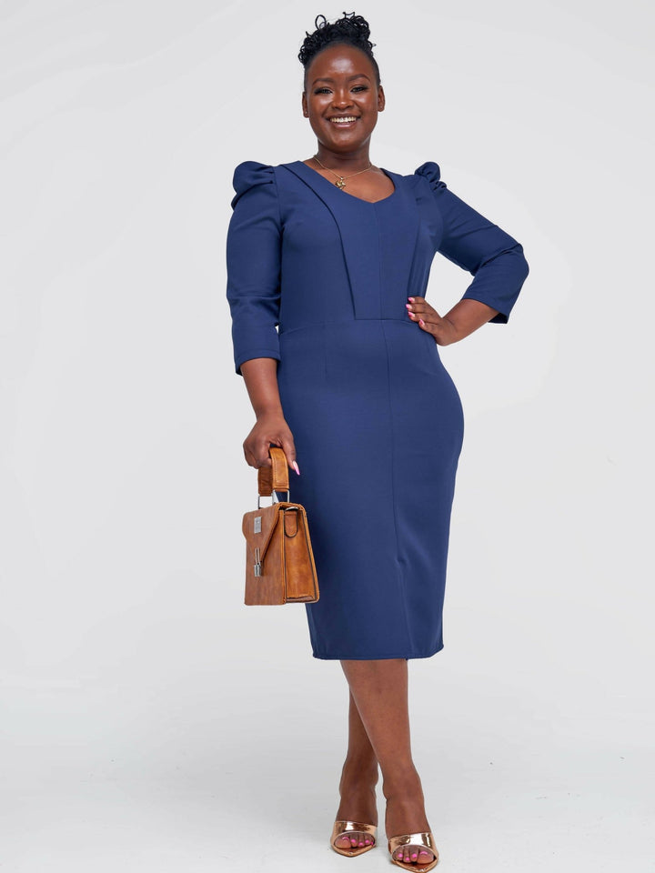 The Fashion Frenzy Bell Cap Sleeve Dress - Navy Blue - Shopzetu