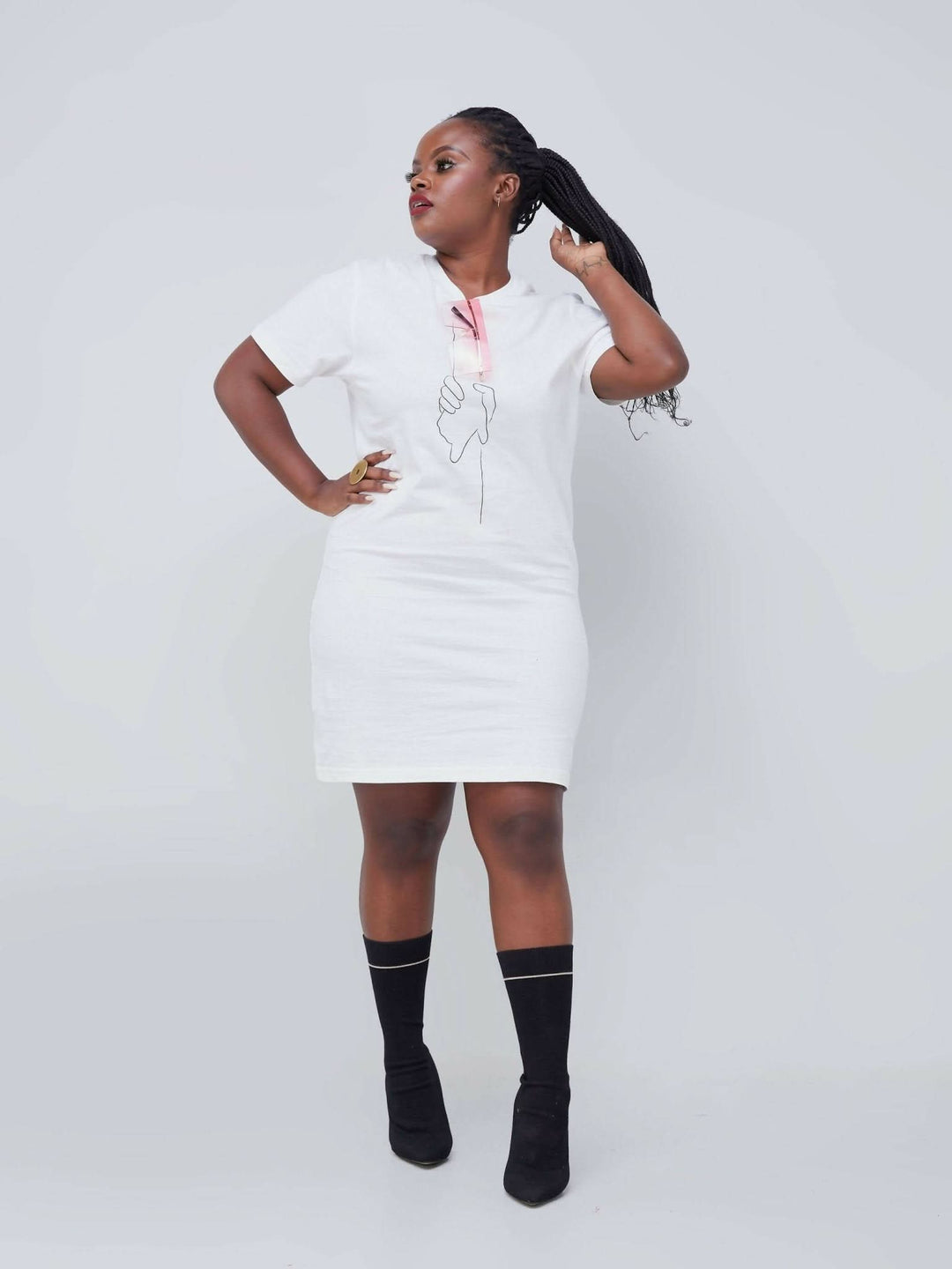 Vazi Afriq Cotton Jersey T-Shirt Dress - White / Black Print - Shopzetu