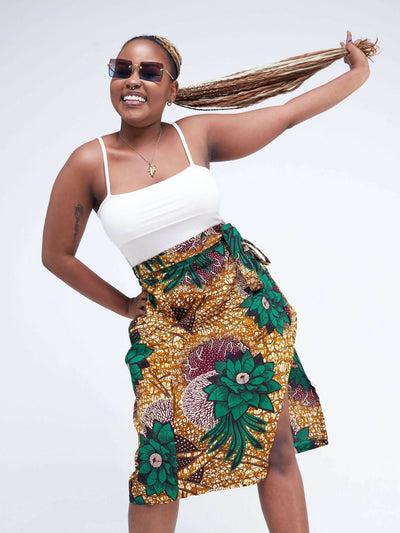 Vazi Afriq Ankara Wrap skirt - Beige / Green Print - Shopzetu