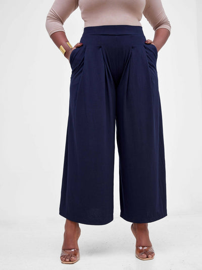 Hessed Long Palazzo Pants - Navy Blue - Shopzetu