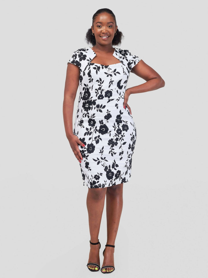 Immaculate Chic Pencil Dress - Black / White Floral - Shopzetu