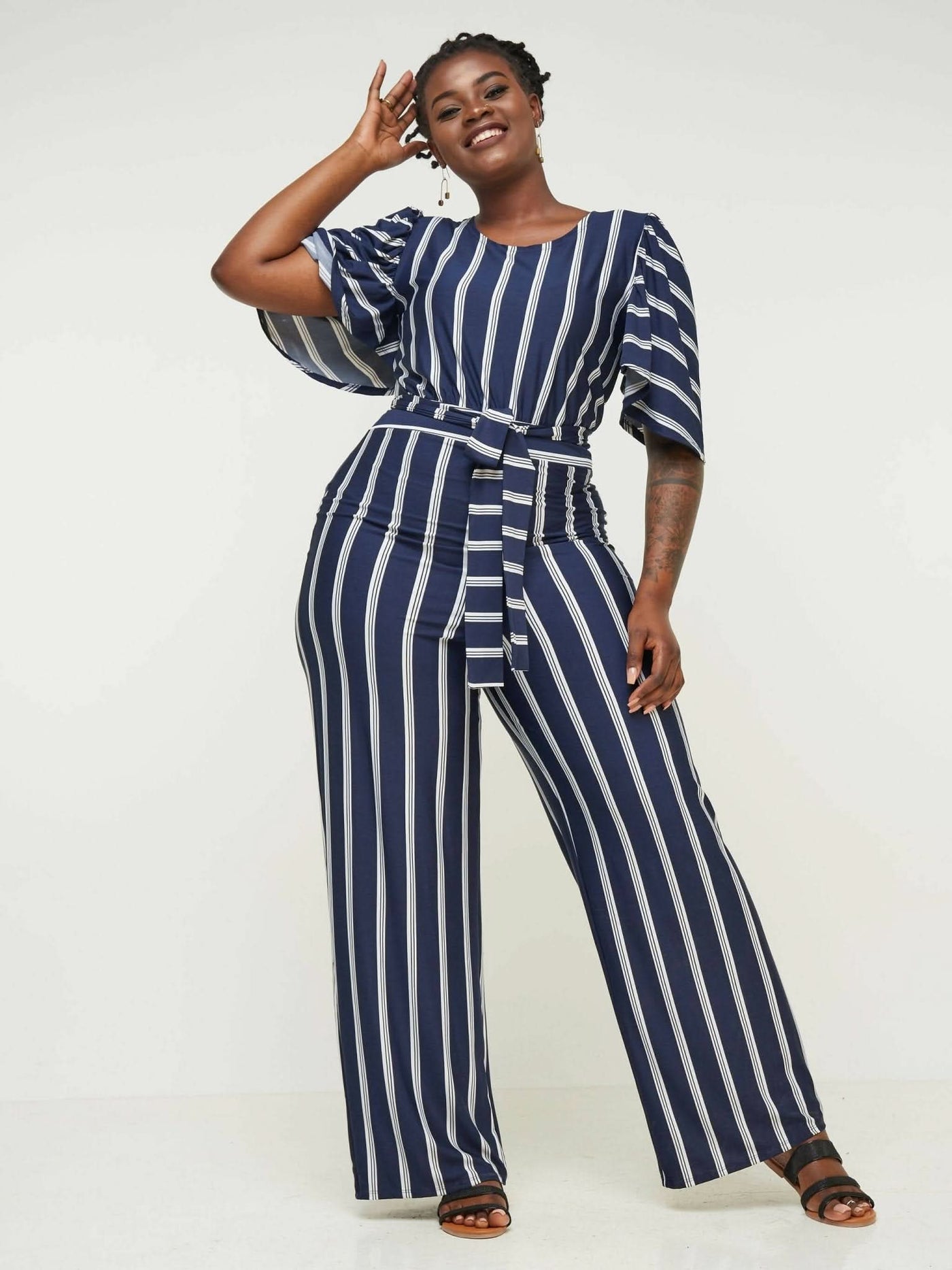 Phyls Collections Tunis Jumpsuit-Navy Blue & White stripes - Shopzetu