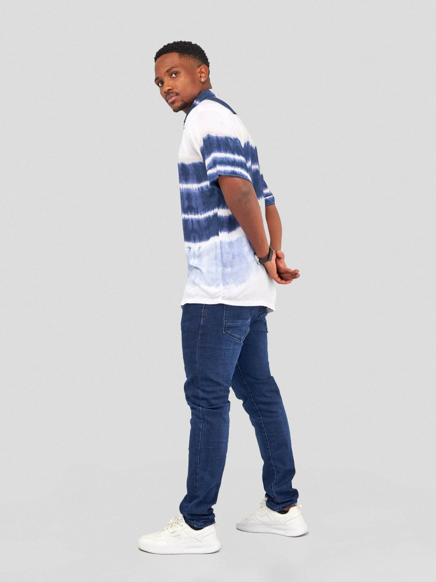 Vazi Afriq Tie & Dye Normal Collar Shirt - Navy Blue / White - Shopzetu
