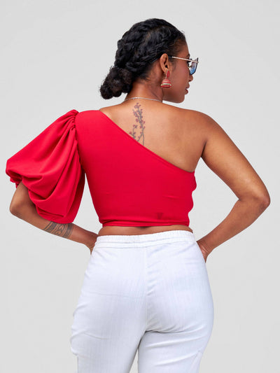 Chic Clique One Hand Ruffle Sleeve Top - Red - Shopzetu